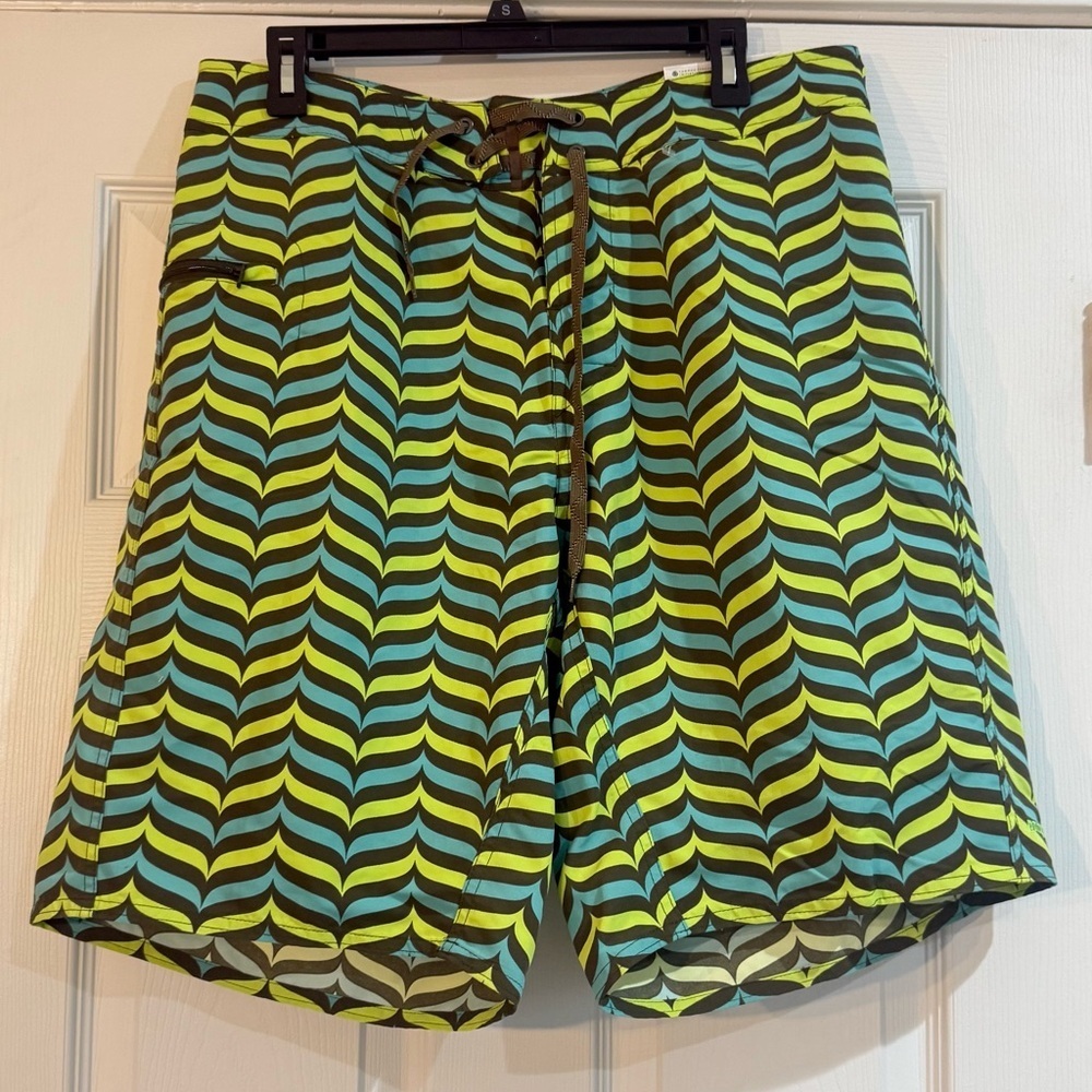 Nwt Patagonia Sz 34 Mens 10” Board Shorts Drawstring Brown Aqua Yellow Nylon Euc